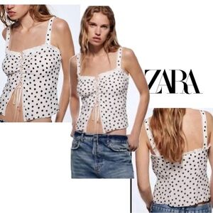 Zara studio collection white black polkadot camisole tank top lace up front Sz L